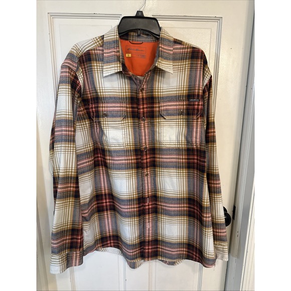 Eddie Flannel Shirt Mens XL Orange Cream Brown Fall Plaid Button Up Long Sleeve - Picture 1 of 12